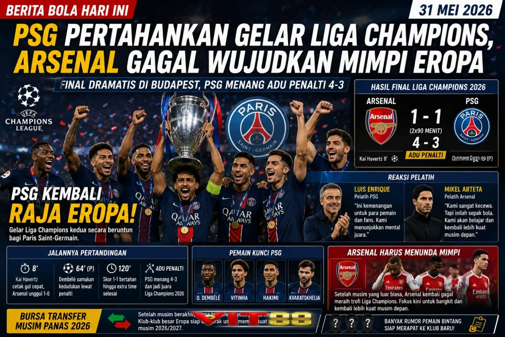 Berita Bola Hari Ini 31 Mei 2026: PSG Pertahankan Gelar Liga Champions, Arsenal Gagal Wujudkan Mimpi Eropa