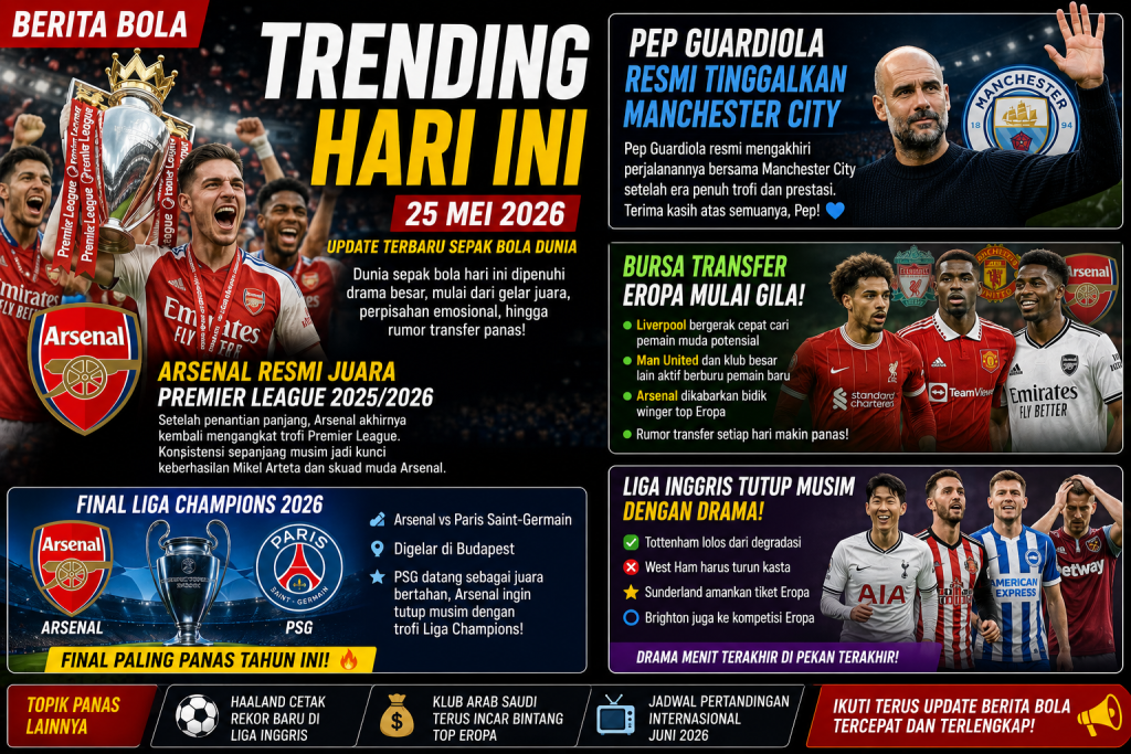 Berita Bola Trending Hari Ini 25 Mei 2026: Arsenal Juara, Guardiola Resmi Pergi, Final Liga Champions Makin Panas!