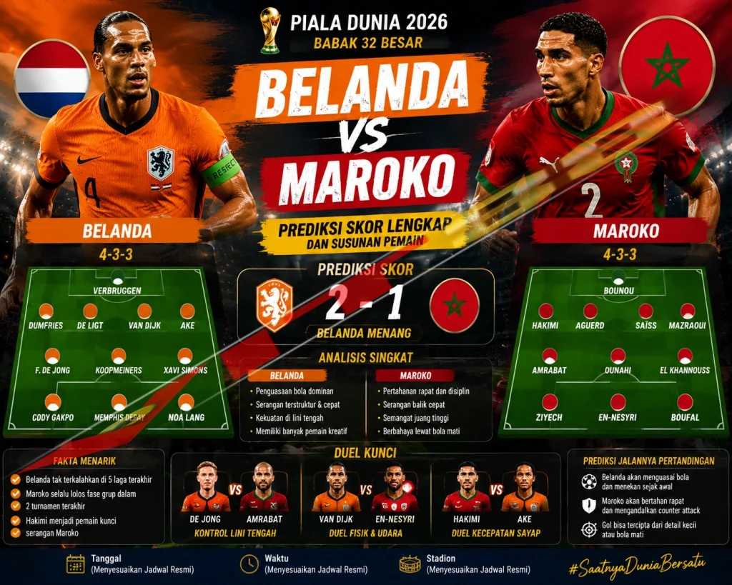 Prediksi Belanda vs Maroko | Skor & Susunan Pemain Lengkap
