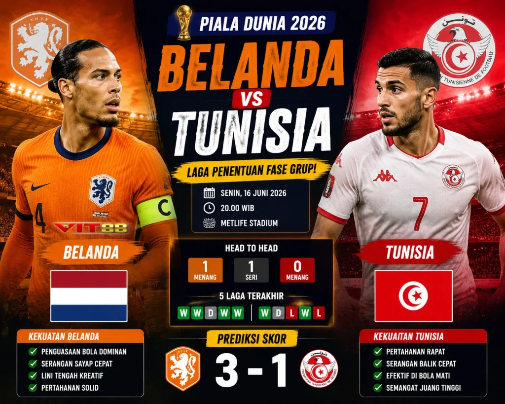 🇳🇱 Belanda vs Tunisia – Prediksi Lengkap Piala Dunia 2026 