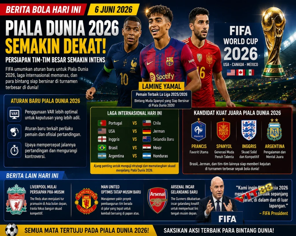 Berita Bola Hari Ini 6 Juni 2026: Piala Dunia Semakin Dekat, Lamine Yamal Bersinar dan Tim-Tim Favorit Mulai Memanas