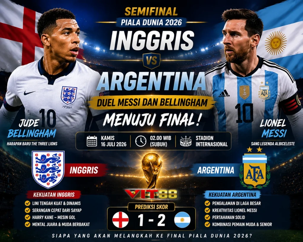 Prediksi Inggris vs Argentina 16 Juli 2026: Duel Messi dan Bellingham Menuju Final Piala Dunia